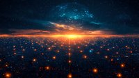 Futuristic digital landscape with glowing orange and blue network connections spreading across horizon under dramatic sunset sky and starry cosmos.