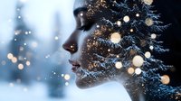 Young woman profile with glowing winter bokeh lights and snowy pine branches creating magical holiday atmosphere against dark blue background.