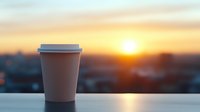 Disposable coffee cup against dramatic sunrise cityscape backdrop, warm morning light illuminating urban horizon, cup placed on ledge creates minimalist composition.