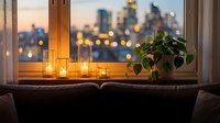 Cozy apartment window sill with glowing candles and green plant overlooking blurred city skyline at sunset. Warm home interior design concept.