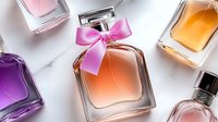 Luxury fragrance bottles with gradient amber and peach tones, pink silk bow, arranged on marble surface for cosmetics, beauty, perfume marketing and product photography.