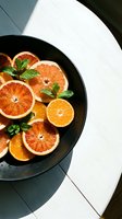 Sliced blood oranges and oranges with fresh mint leaves arranged in black bowl on white surface, overhead view for culinary and food styling projects.