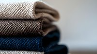Neatly folded stack of knitted sweaters in neutral tones of beige, gray and navy blue showing detailed wool texture pattern on light background.