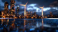 Modern city skyline with illuminated buildings and wind turbines at dusk, reflected in water with glowing blue lights creating magical atmosphere. Concept of sustainable urban future.