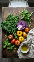 Fresh organic vegetables on rustic wooden cutting board with kale, tomatoes, purple cabbage, basil and olive oil for healthy cooking and meal preparation.