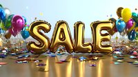 Gold foil balloons forming word SALE with colorful party balloons and confetti on reflective surface against dark background for promotional design.