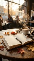 Open notebook with pen and coffee cup on wooden table surrounded by autumn leaves in cozy cafe with warm lighting and blurred customers in background.