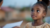 Young African American girl with natural hair looking up thoughtfully while holding paper airplane, expressing curiosity and wonder against soft blurred background.