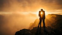 Romantic couple silhouette embracing on mountain peak during golden sunset with dramatic sky and valley views below creating intimate moment.