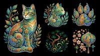 Ornate cat clipart set with floral folk art patterns, paw print, lantern, and tree, isolated on transparent background. Ready for stickers, t-shirt design, and print on demand.