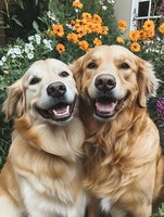 Two happy golden Labrador Retrievers smiling at camera with blooming yellow flowers and green foliage in background garden setting. Perfect for pet, happiness, and lifestyle themes.