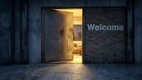 Heavy metal vault door opening to reveal warm cozy room interior with welcome sign on dark brick wall, contrast of security and hospitality.