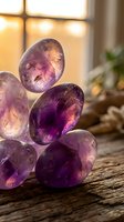 Purple amethyst gemstones stacked on rustic wooden surface with warm natural lighting creating peaceful meditation and healing energy atmosphere.