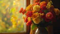 Vibrant autumn chrysanthemums in glass vase by window, orange and yellow flowers with soft natural lighting creating warm cozy atmosphere for seasonal decor.