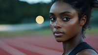 Young African American female athlete portrait on running track during golden hour sunset with focused determined expression for sports and fitness concepts.