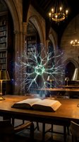 Glowing neural network hologram floating above open book in gothic library with stone arches, bookshelves and warm candlelight creating magical learning atmosphere.