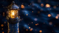 Illuminated lighthouse tower with glowing lantern against dark night sky, magical bokeh lights creating dreamy atmosphere. For seasonal greetings and maritime decor.