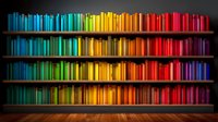 Colorful books arranged in rainbow spectrum order on wooden shelves against dark wall creating vibrant gradient display, modern library interior design concept.