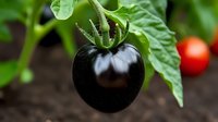 Black tomato growing on vine with green leaves in organic garden, fresh heirloom vegetable variety ripening against dark soil background.