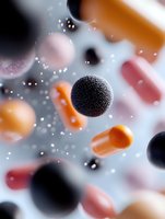 Floating medical pills, capsules and spheres in orange, black and pink colors with sparkles on light background, macro pharmaceutical photography.