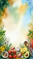 Watercolor cooking background with fresh vegetables, herbs, olive oil, and kitchen utensils arranged on white space, ideal for recipe blogs, food websites, and culinary designs.