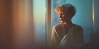 Thoughtful senior woman with gray hair sitting by window in warm sunlight, contemplating life in peaceful indoor setting for wellness content.