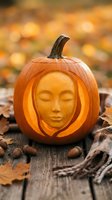 Carved pumpkin with serene face design glowing warmly on rustic wooden surface surrounded by autumn leaves and acorns for Halloween decoration.