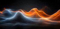 Abstract glowing orange and blue light waves flowing through dark space with sparkling particles creating dynamic energy pattern against black background.