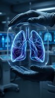 Gloved hands holding transparent cube with glowing neon lungs hologram in laboratory setting. Medical research, healthcare technology, respiratory system visualization.