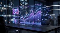 Futuristic holographic financial data visualization with glowing charts and graphs displayed above laptop screen in modern office environment at night.