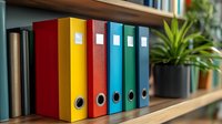 Colorful office ring binders arranged in rainbow order on wooden shelf with green plant decoration, organized workspace storage solution for documents and files.