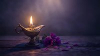 Ornate brass oil lamp with glowing flame on wooden surface with purple flowers creating mystical atmospheric lighting for meditation and relaxation.