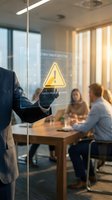 Male professional in business attire displaying cyber threat alert on glass screen in modern office meeting room with colleagues seated at wooden table during consultation.
