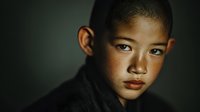 Young Asian boy with serious expression and intense gaze in dramatic lighting for emotional storytelling and character portraits.