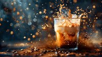 Dynamic splash in cold brew coffee glass with ice cubes against dark background, capturing moment of liquid collision with dramatic bokeh light effects. Perfect for beverage advertising.