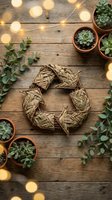 Handwoven natural fiber wreath surrounded by potted succulents and warm string lights on rustic wooden background for eco-friendly home decor and crafting.