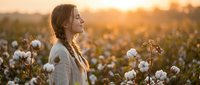 Young woman with braided hair standing peacefully in cotton field during golden hour sunset, enjoying nature's beauty in agricultural landscape.