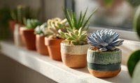 Collection of small potted succulents and aloe plants arranged on sunny windowsill in decorative ceramic pots with natural two-tone design.