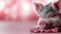 Adorable pink piglet lying next to glittering heart decorations on pink background. Close-up portrait of young pig with soft focus creating romantic mood.