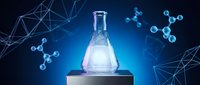 Laboratory flask with glowing liquid on pedestal surrounded by molecular structures and network connections on blue background for science research.
