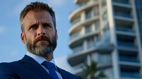 Confident mature Caucasian businessman with gray beard wearing blue suit stands against modern high-rise building background in evening light, looking determined.