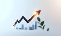 Growing bar chart with glowing upward arrow and green plant leaves symbolizing sustainable business growth, success and environmental progress in finance.