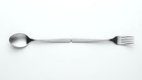 Stainless steel spoon and fork combined into one sleek double-ended utensil, isolated on white background for versatile design use.