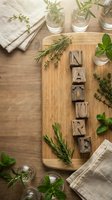 Wooden letter blocks spelling NATURE on a cutting board surrounded by fresh herbs, rosemary, mint, thyme, linen napkin, and glass vases on rustic wood.
