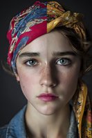 Young woman with freckles wearing colorful headscarf against dark background, split-image effect showing contrasting makeup and eye colors.