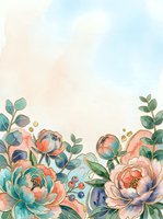 Watercolor peonies and eucalyptus with gold accents on soft pastel background. Isolated botanical illustration suitable for wedding invitations, greeting cards, and design projects.