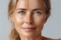 Close-up portrait of mature blonde woman with blue eyes showing skin aging comparison, half face with wrinkles and half smooth for skincare or anti-aging concept.