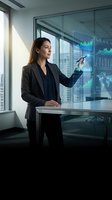 Professional businesswoman analyzing financial data on holographic display in modern office with city skyline view for corporate presentations.