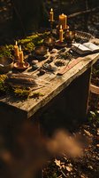 Rustic outdoor altar with candles, singing bowls, crystals, feathers, dried herbs, and an open book on a moss-covered wooden table in forest light.