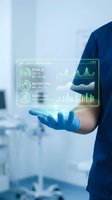 Healthcare professional in blue medical gloves displaying holographic wellness dashboard with vital signs, nutrition and exercise data for telemedicine and health monitoring applications.